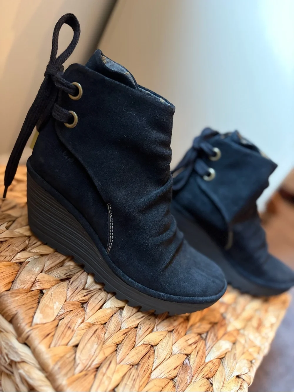 Fly London Yama Black Suede Lace Up the Back Bootie
